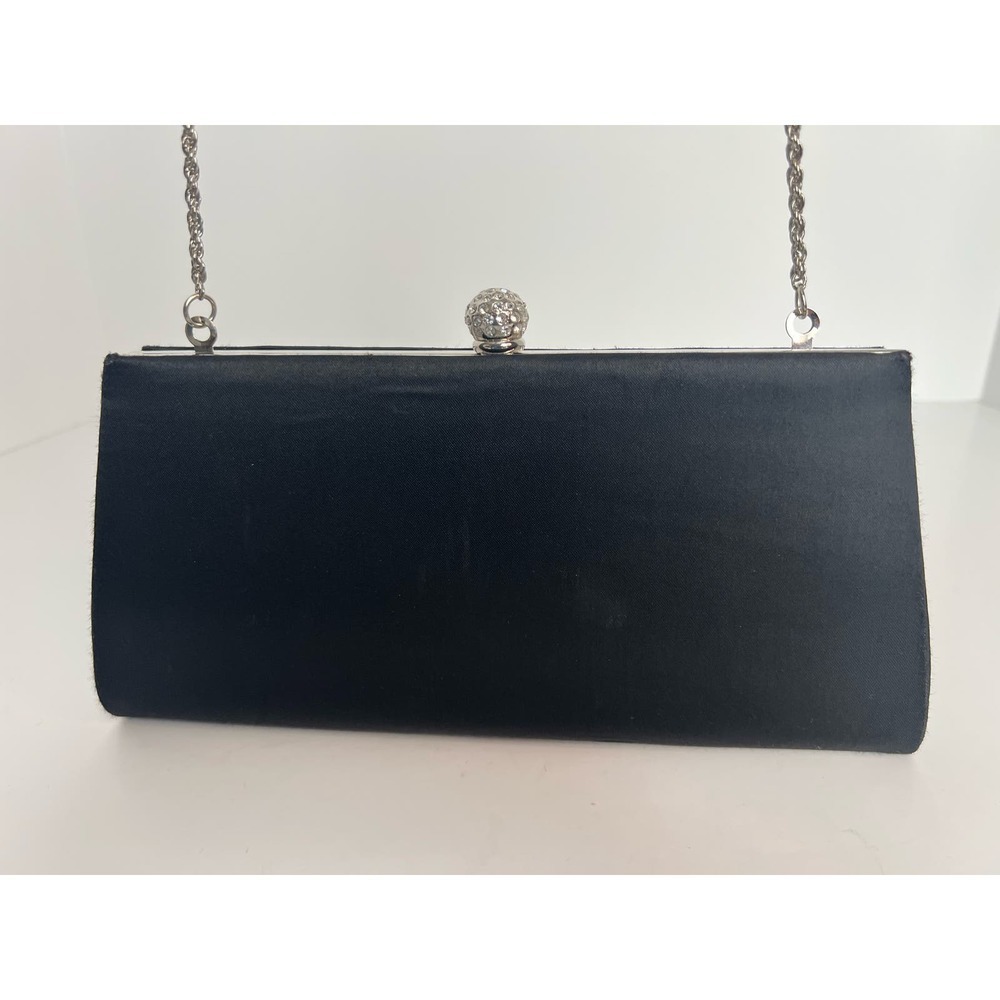 La Regale Peau De Soi Clutch Purse, Crystal Floral Clasp Silver Chain, Black